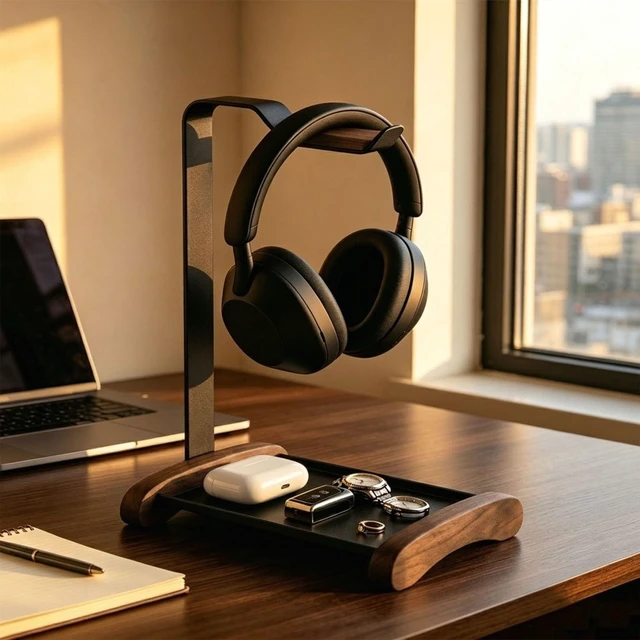 Alt view image 7 of 7 - Headphone Stand, Walnut Wood Headset Holder for Desk Storage tray for keys, watches & earbuds; aluminum frame, fits gaming & over ear headphones for desk setup