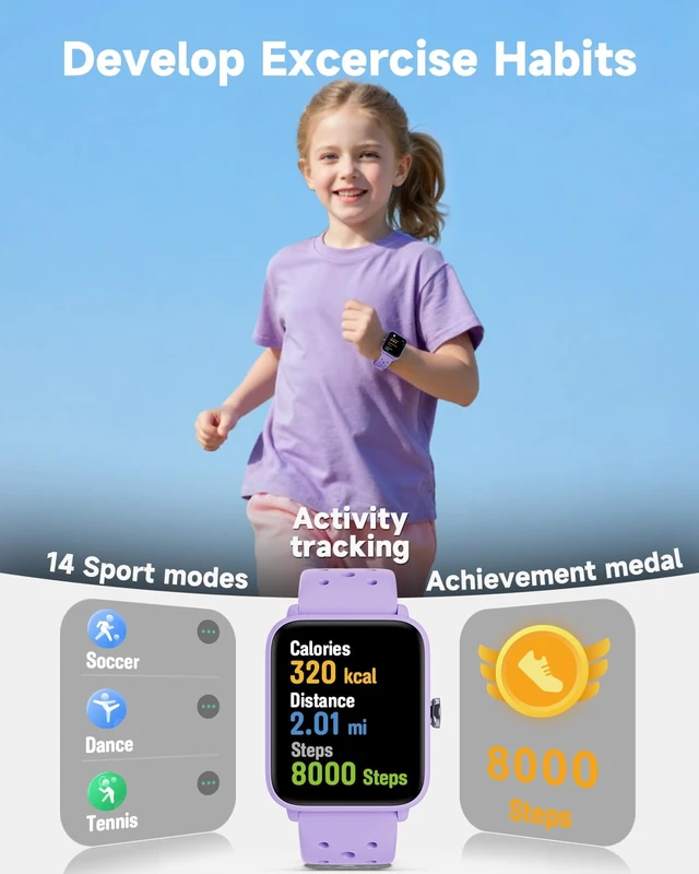 Alt view image 3 of 7 - Smart Watch for Kids Without APP, Fitness Tracker Watch Pedometer, Heart Rate, 5ATM Waterproof, Sleep Monitor, Calorie Step Counter, Games, Alarm Clock for Girls 5-14, Porous Lilac
