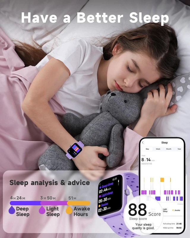 Alt view image 7 of 7 - Smart Watch for Kids Without APP, Fitness Tracker Watch Pedometer, Heart Rate, 5ATM Waterproof, Sleep Monitor, Calorie Step Counter, Games, Alarm Clock for Girls 5-14, Porous Lilac