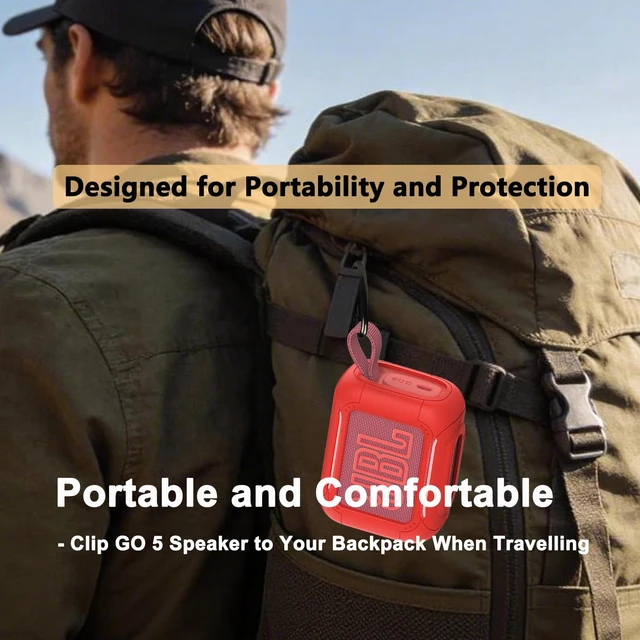 Alt view image 6 of 7 - Protective Case for JBL Go 5 Portable Bluetooth Speaker Accessories Hard Carrying Case and Silicone Cover with Metal Carabiner (Red Case)