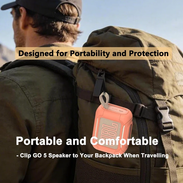 Alt view image 6 of 7 - Protective Case for JBL Go 5 Portable Bluetooth Speaker Accessories Hard Carrying Case and Silicone Cover with Metal Carabiner (Orange Case)