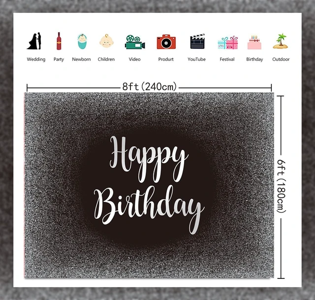 Alt view image 5 of 7 - Black and Silver Happy Birthday Backdrop Father's Day Grey Glitter Photography Background Men Women Adult Birthday Decoration Supplies 8x6FT