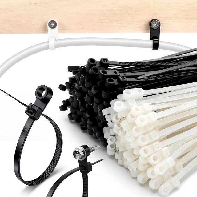 Main image of 500 Pcs Plastic Zip Tie with Screw Hole, Black White Screw Zip Ties 7.5 Inch, 50lbs, with Mounting Hole, Multipurpose Cable Management, Heavy Duty, Secure Wire Organizer for Indoor Outdoor Use