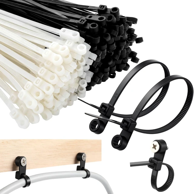 Alt view image 2 of 7 - 200 Pcs Plastic Zip Tie with Screw Hole, Black White Screw Zip Ties 7.5 Inch, 50lbs, with Mounting Hole, Multipurpose Cable Management, Heavy Duty, Secure Wire Organizer for Indoor Outdoor Use