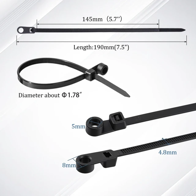 Alt view image 2 of 7 - 500 Pcs Plastic Zip Tie with Screw Hole, Black White Screw Zip Ties 7.5 Inch, 50lbs, with Mounting Hole, Multipurpose Cable Management, Heavy Duty, Secure Wire Organizer for Indoor Outdoor Use