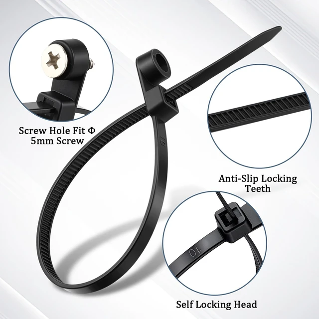 Alt view image 3 of 7 - 500 Pcs Plastic Zip Tie with Screw Hole, Black White Screw Zip Ties 7.5 Inch, 50lbs, with Mounting Hole, Multipurpose Cable Management, Heavy Duty, Secure Wire Organizer for Indoor Outdoor Use