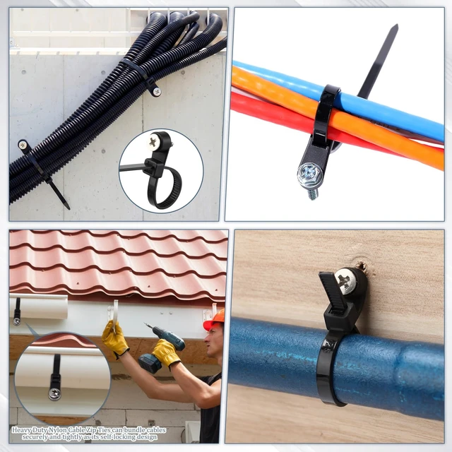 Alt view image 6 of 7 - 500 Pcs Plastic Zip Tie with Screw Hole, Black White Screw Zip Ties 7.5 Inch, 50lbs, with Mounting Hole, Multipurpose Cable Management, Heavy Duty, Secure Wire Organizer for Indoor Outdoor Use
