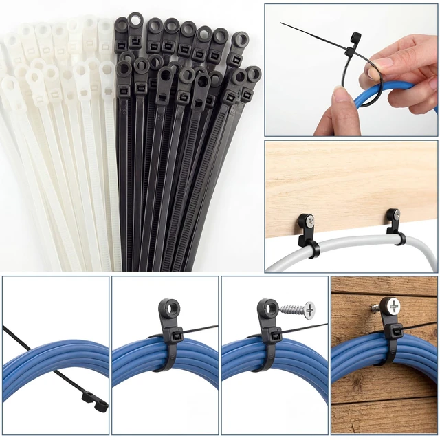 Alt view image 4 of 7 - 500 Pcs Plastic Zip Tie with Screw Hole, Black White Screw Zip Ties 7.5 Inch, 50lbs, with Mounting Hole, Multipurpose Cable Management, Heavy Duty, Secure Wire Organizer for Indoor Outdoor Use