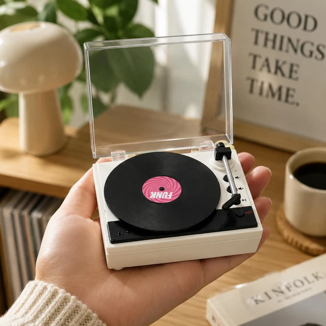 Alt view image 7 of 7 - Mini Record Player Desk Decor with Voice Recording, 4 Discs Record up to about 4 minutes; includes 3 music discs and 1 blank recordable disc