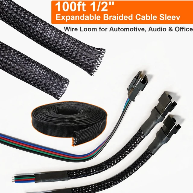 Alt view image 2 of 7 - 100ft 1/2 inch PET Expandable Braided Cable Sleeve Black Wire Loom for Automotive, Audio, Video, Home Theater & Office Cable Management (Black, 1/2inch-100ft)