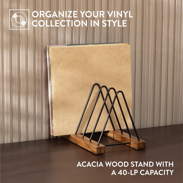 Alt view image 2 of 7 - Vinyl Acacia Wood Record Storage - LP Holder with Scratch-Resistant Base - Album Collection Display Stand - Easy-Assemble Organizer Rack for Records - Holds 30-40 LPs