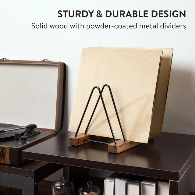 Alt view image 3 of 7 - Vinyl Acacia Wood Record Storage - LP Holder with Scratch-Resistant Base - Album Collection Display Stand - Easy-Assemble Organizer Rack for Records - Holds 30-40 LPs