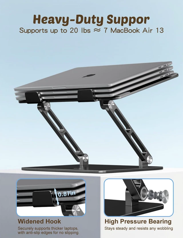 Alt view image 3 of 7 - Laptop Stand for Desk, Adjustable Foldable Aluminum Laptop Riser for 1017.3 Inch Laptops Sturdy Ergonomic Computer Holder, Supports Up to 22 lb, Cooling Vent, Black