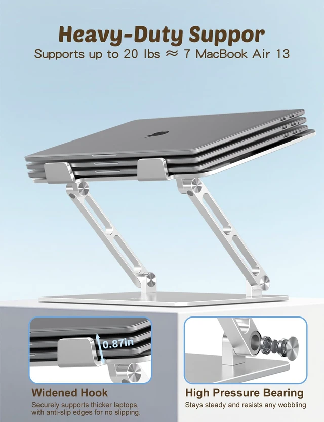 Alt view image 3 of 7 - Laptop Stand for Desk, Adjustable Foldable Aluminum Laptop Riser for 1017.3 Inch Laptops Sturdy Ergonomic Computer Holder, Supports Up to 22 lb, Cooling Vent, Silver