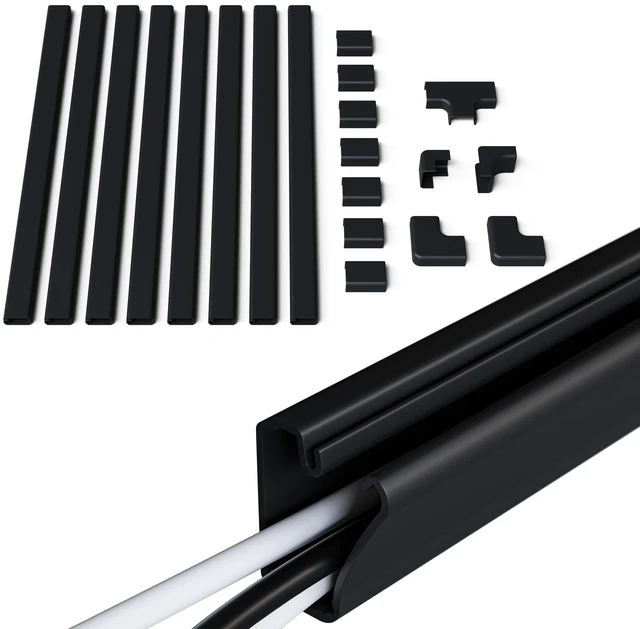 Main image of Cord Cover Raceway Kit - Peel & Stick Channel with 10' of Cable Hiders - Includes Connector Pack to Customize Your Cable Management - Black