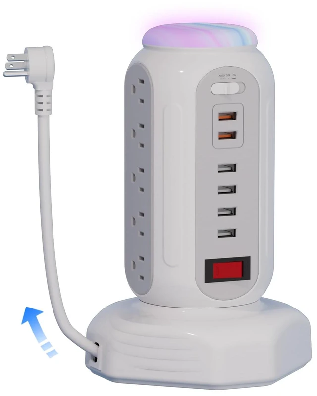 Main image of Power Strip Surge Protector Tower, 15 AC Outlets and 6 USB Ports with LED Light, Retractable Heavy Duty Extension Cord with Multiple Outlets, USB Charging Station with Right Flat Plug (White)