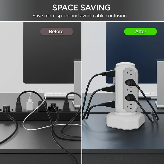 Alt view image 3 of 6 - Power Strip Surge Protector Tower, 15 AC Outlets and 6 USB Ports with LED Light, Retractable Heavy Duty Extension Cord with Multiple Outlets, USB Charging Station with Right Flat Plug (White)