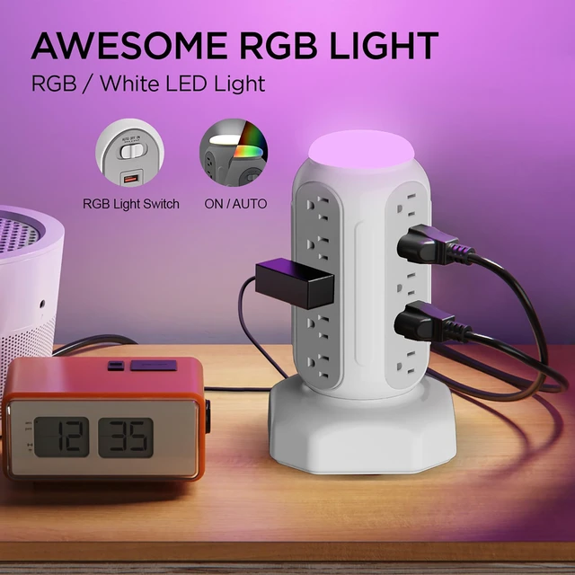 Alt view image 4 of 6 - Power Strip Surge Protector Tower, 15 AC Outlets and 6 USB Ports with LED Light, Retractable Heavy Duty Extension Cord with Multiple Outlets, USB Charging Station with Right Flat Plug (White)