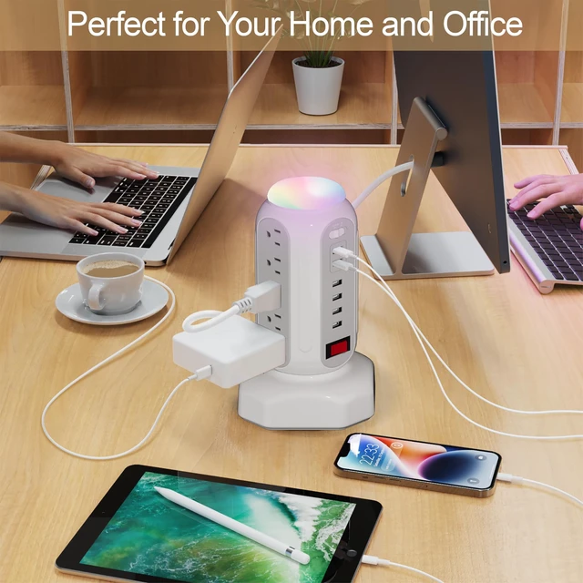 Alt view image 6 of 6 - Power Strip Surge Protector Tower, 15 AC Outlets and 6 USB Ports with LED Light, Retractable Heavy Duty Extension Cord with Multiple Outlets, USB Charging Station with Right Flat Plug (White)