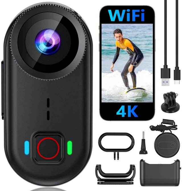 Main image of 4K Mini Action Camera with WiFi, 64GB Wearable Thumb Body Camera, 150° POV Sports Camera with EIS Stabilization, 33FT Waterproof, Magnetic Clip Mount, 300 Min Battery Life for Bike, Travel, Pet, Vlog