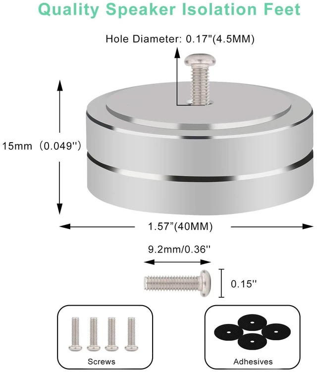 Alt view image 3 of 7 - Speaker Isolation Feet 4Pcs 40x15mm Load 400KG Aluminum Audio feet(Silver) Turntable Feet with Non-Slip Rubber Rings/Adhesive/Screws for Audio,Speakers,Subwoofers,Amplifier,Turntable,DAC