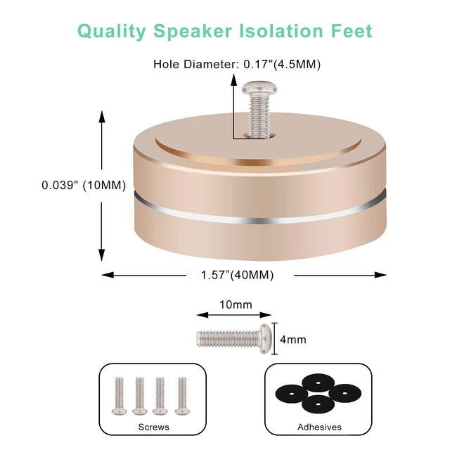Alt view image 4 of 7 - Speaker Isolation Feet 4Pcs 40x15mm Load 400KG Aluminum Audio feet(Gold) Turntable Feet with Non-Slip Rubber Rings/Adhesive/Screws for Audio,Speakers,Subwoofers,Amplifier,Turntable,DAC