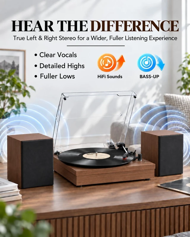 Alt view image 3 of 7 - ® Record Player with 2 External Speakers, Vinyl Turntable, Brown 3-Speed Belt-Drive Turntable for 33/45/78 RPM Vinyl, Bluetooth Wireless Playback, Auto Stop, AUX Headphone Input and RCA Out