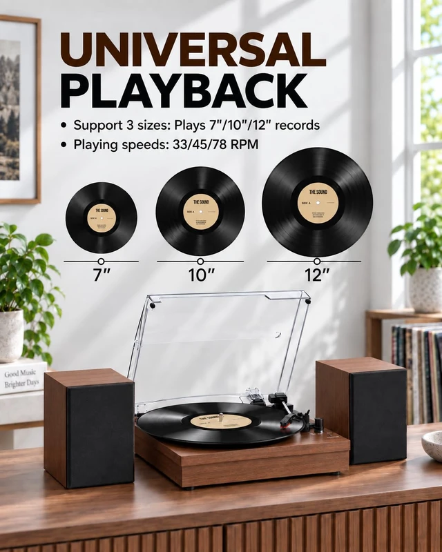 Alt view image 2 of 7 - ® Record Player with 2 External Speakers, Vinyl Turntable, Brown 3-Speed Belt-Drive Turntable for 33/45/78 RPM Vinyl, Bluetooth Wireless Playback, Auto Stop, AUX Headphone Input and RCA Out