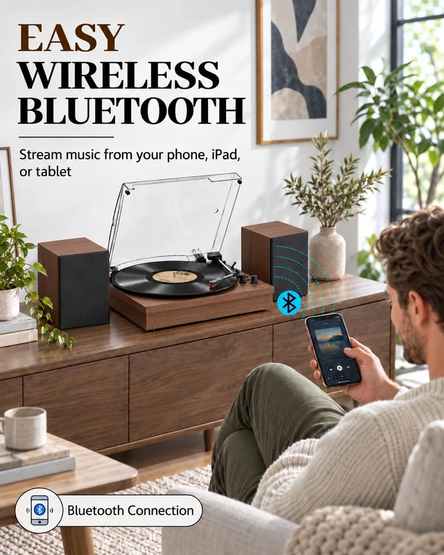 Alt view image 4 of 7 - ® Record Player with 2 External Speakers, Vinyl Turntable, Brown 3-Speed Belt-Drive Turntable for 33/45/78 RPM Vinyl, Bluetooth Wireless Playback, Auto Stop, AUX Headphone Input and RCA Out