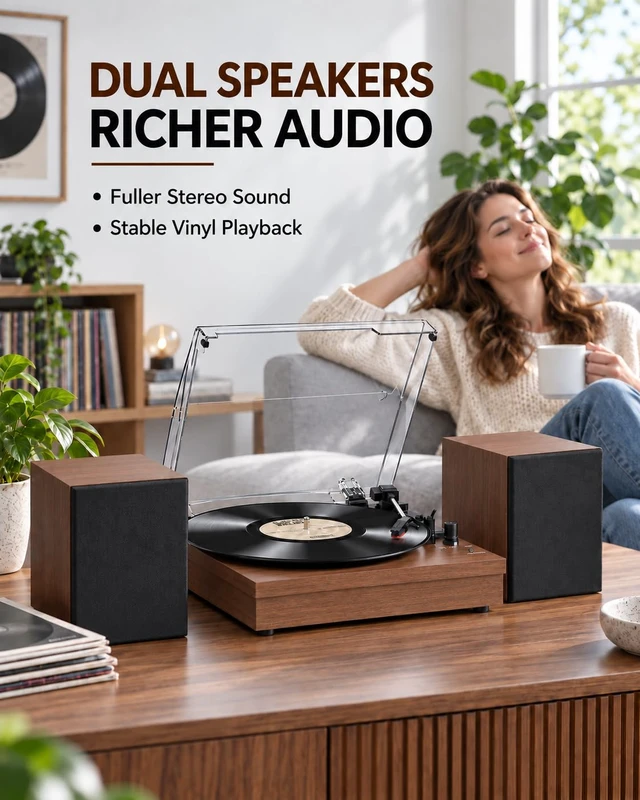 Alt view image 5 of 7 - ® Record Player with 2 External Speakers, Vinyl Turntable, Brown 3-Speed Belt-Drive Turntable for 33/45/78 RPM Vinyl, Bluetooth Wireless Playback, Auto Stop, AUX Headphone Input and RCA Out