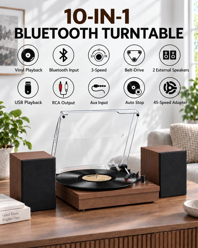 Alt view image 6 of 7 - ® Record Player with 2 External Speakers, Vinyl Turntable, Brown 3-Speed Belt-Drive Turntable for 33/45/78 RPM Vinyl, Bluetooth Wireless Playback, Auto Stop, AUX Headphone Input and RCA Out