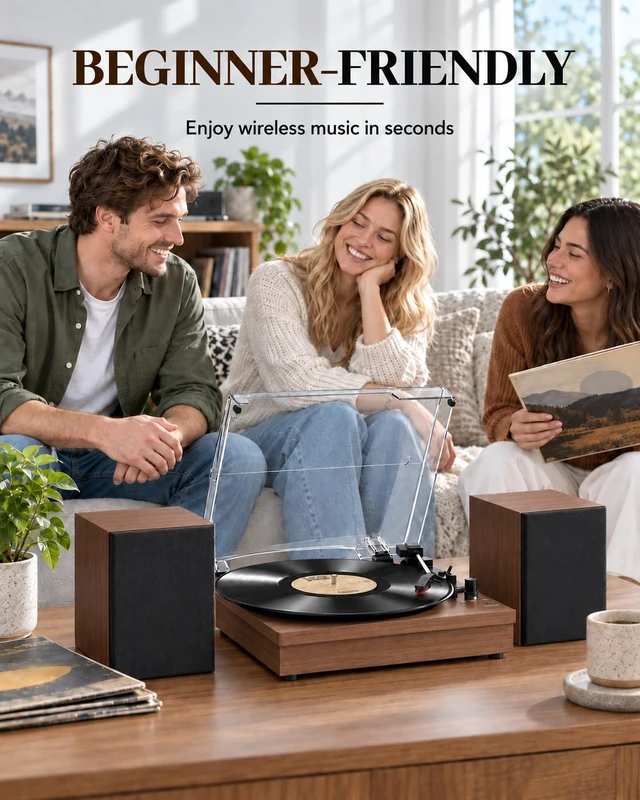 Alt view image 7 of 7 - ® Record Player with 2 External Speakers, Vinyl Turntable, Brown 3-Speed Belt-Drive Turntable for 33/45/78 RPM Vinyl, Bluetooth Wireless Playback, Auto Stop, AUX Headphone Input and RCA Out