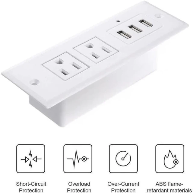 Alt view image 7 of 7 - Recessed Power Strip, Flush Mount Charging Station with USB Ports, Multiple Surge Protector with Extension Cord for Desk Furniture Table Nightstand Bed (White-2AC Outlets + 3USB-A)