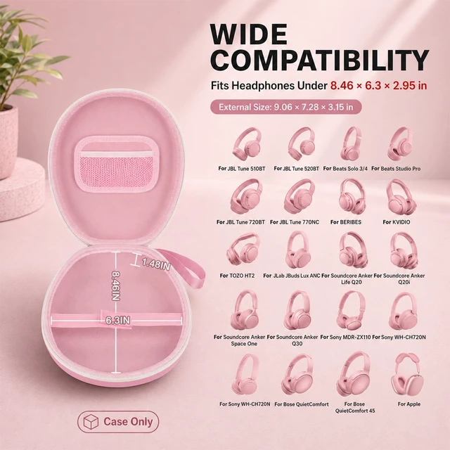 Alt view image 2 of 7 - Hard Headphone Case for JBL/for Sony/for Beats/for Anker for Bose/ for Apple/ for JLab, Elastic Strap, Mesh Pocket, Nylon, Home, Travel, Luggage, Commuting, Case Only, Pink