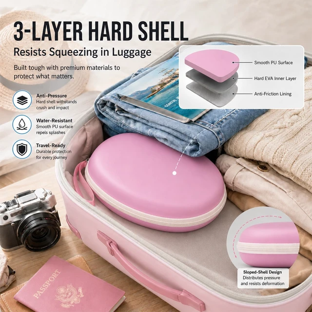Alt view image 3 of 7 - Hard Headphone Case for JBL/for Sony/for Beats/for Anker for Bose/ for Apple/ for JLab, Elastic Strap, Mesh Pocket, Nylon, Home, Travel, Luggage, Commuting, Case Only, Pink