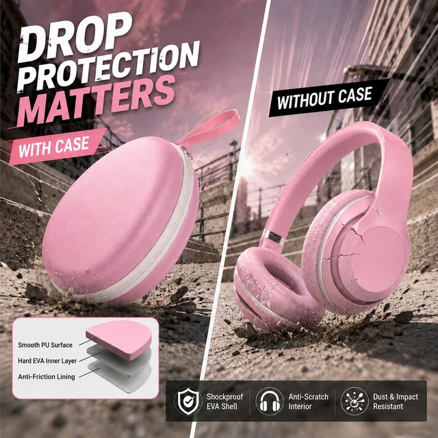 Alt view image 4 of 7 - Hard Headphone Case for JBL/for Sony/for Beats/for Anker for Bose/ for Apple/ for JLab, Elastic Strap, Mesh Pocket, Nylon, Home, Travel, Luggage, Commuting, Case Only, Pink