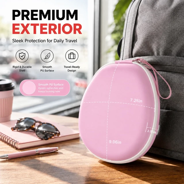Alt view image 5 of 7 - Hard Headphone Case for JBL/for Sony/for Beats/for Anker for Bose/ for Apple/ for JLab, Elastic Strap, Mesh Pocket, Nylon, Home, Travel, Luggage, Commuting, Case Only, Pink