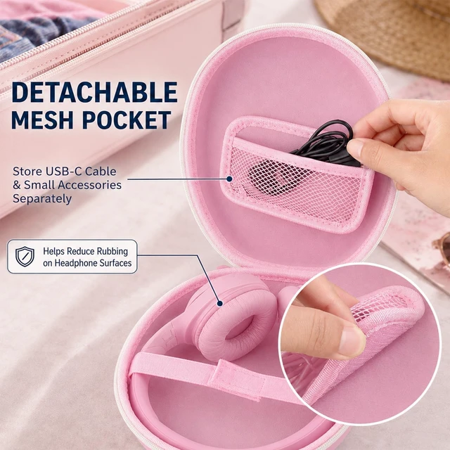 Alt view image 6 of 7 - Hard Headphone Case for JBL/for Sony/for Beats/for Anker for Bose/ for Apple/ for JLab, Elastic Strap, Mesh Pocket, Nylon, Home, Travel, Luggage, Commuting, Case Only, Pink