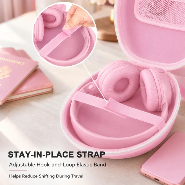 Alt view image 7 of 7 - Hard Headphone Case for JBL/for Sony/for Beats/for Anker for Bose/ for Apple/ for JLab, Elastic Strap, Mesh Pocket, Nylon, Home, Travel, Luggage, Commuting, Case Only, Pink