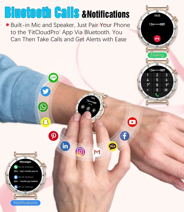 Alt view image 4 of 7 - Women's Smart Watch, 1.19" AMOLED Always-On Display Fitness Tracker with Bluetooth Call, Heart Rate Blood Pressure Sleep Monitor for Android & iOS, Rose Gold Diamond Band (Gold)