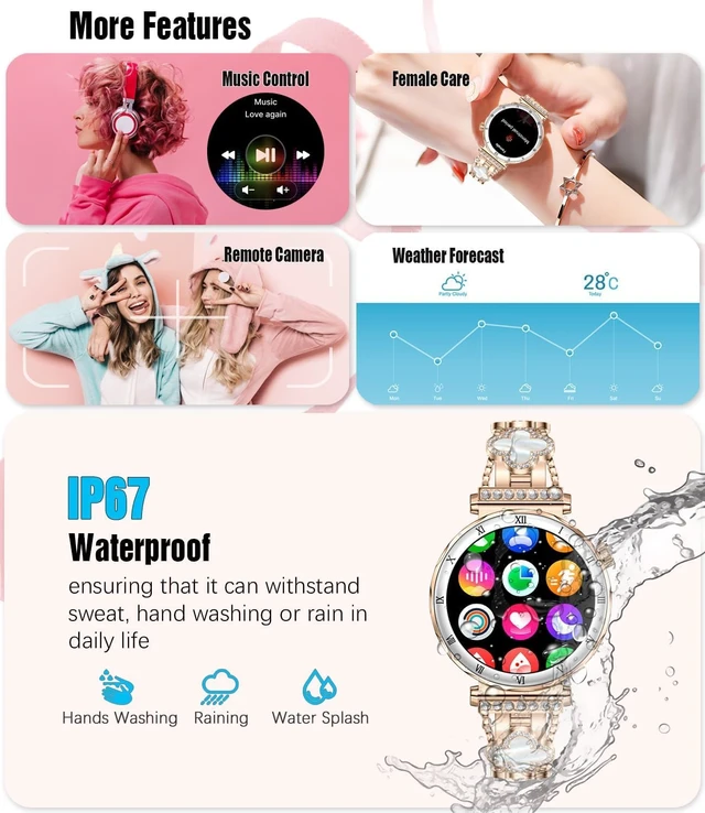 Alt view image 6 of 7 - Women's Smart Watch, 1.19" AMOLED Always-On Display Fitness Tracker with Bluetooth Call, Heart Rate Blood Pressure Sleep Monitor for Android & iOS, Rose Gold Diamond Band (Gold)