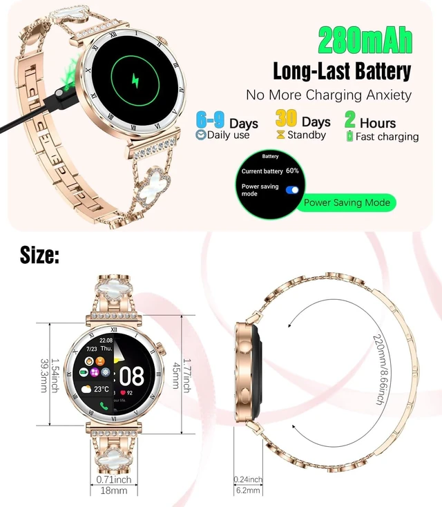 Alt view image 7 of 7 - Women's Smart Watch, 1.19" AMOLED Always-On Display Fitness Tracker with Bluetooth Call, Heart Rate Blood Pressure Sleep Monitor for Android & iOS, Rose Gold Diamond Band (Gold)