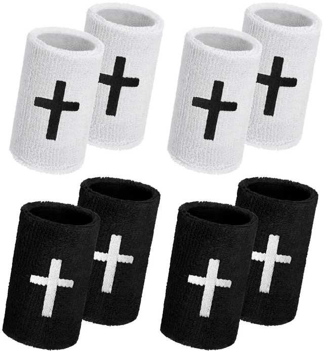 Main image of 4 Sets Cross Wristbands, Christian Sweatbands, Black and White Polyester Cotton, Absorbent Sweat Wristbands, Faith Inspirational, Football Basketball Running, Sports Gym, Men Women Gifts