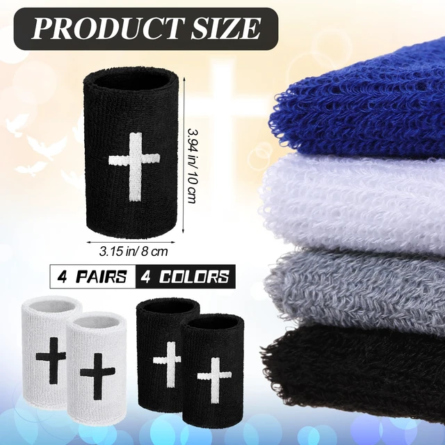 Alt view image 2 of 7 - 4 Sets Cross Wristbands, Christian Sweatbands, Black and White Polyester Cotton, Absorbent Sweat Wristbands, Faith Inspirational, Football Basketball Running, Sports Gym, Men Women Gifts
