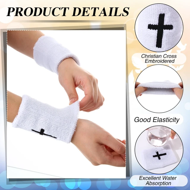 Alt view image 3 of 7 - 4 Sets Cross Wristbands, Christian Sweatbands, Black and White Polyester Cotton, Absorbent Sweat Wristbands, Faith Inspirational, Football Basketball Running, Sports Gym, Men Women Gifts