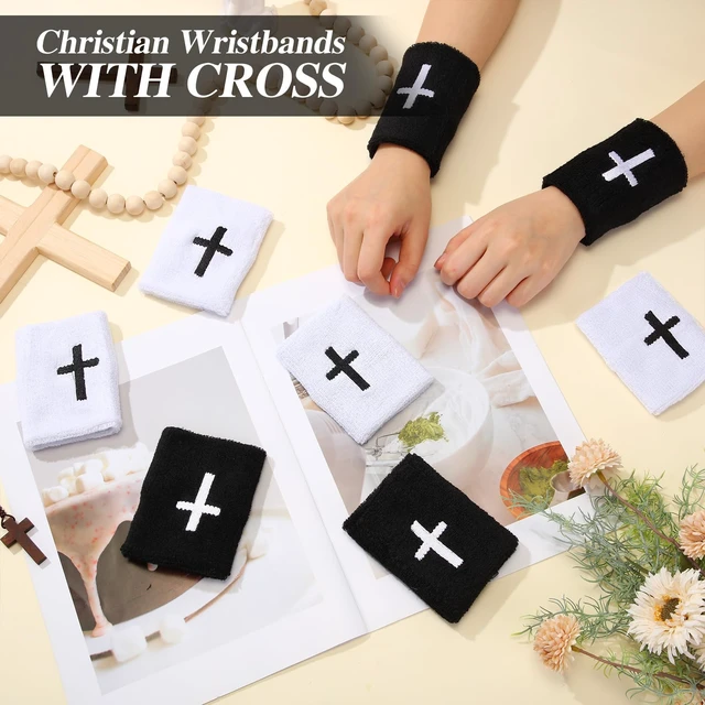 Alt view image 4 of 7 - 4 Sets Cross Wristbands, Christian Sweatbands, Black and White Polyester Cotton, Absorbent Sweat Wristbands, Faith Inspirational, Football Basketball Running, Sports Gym, Men Women Gifts