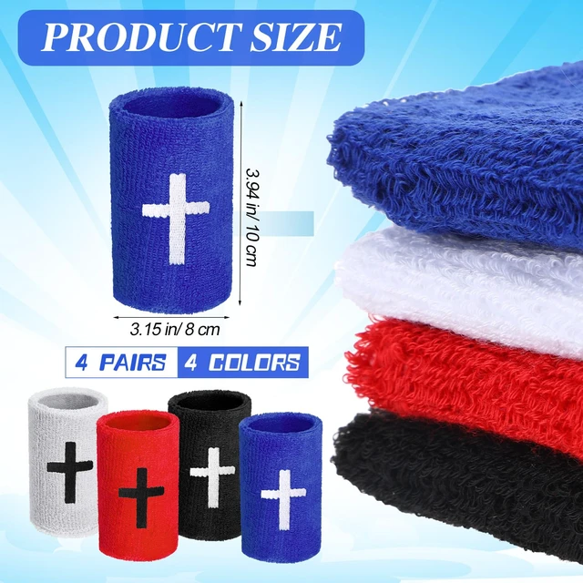 Alt view image 2 of 7 - 4 Sets Cross Wristbands, Christian Sweatbands, Bright Color Polyester Cotton, Absorbent Sweat Wristbands, Faith Inspirational, Football Basketball Running, Sports Gym, Men Women Gifts