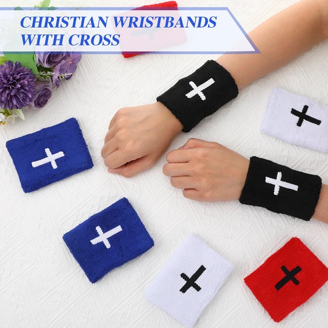Alt view image 4 of 7 - 4 Sets Cross Wristbands, Christian Sweatbands, Bright Color Polyester Cotton, Absorbent Sweat Wristbands, Faith Inspirational, Football Basketball Running, Sports Gym, Men Women Gifts