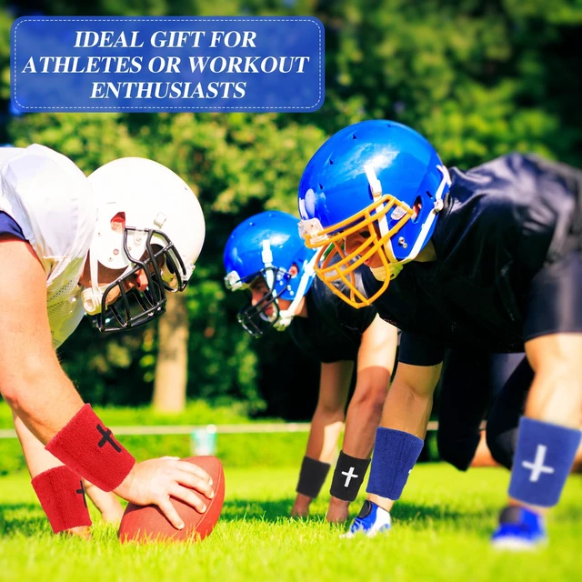 Alt view image 5 of 7 - 4 Sets Cross Wristbands, Christian Sweatbands, Bright Color Polyester Cotton, Absorbent Sweat Wristbands, Faith Inspirational, Football Basketball Running, Sports Gym, Men Women Gifts