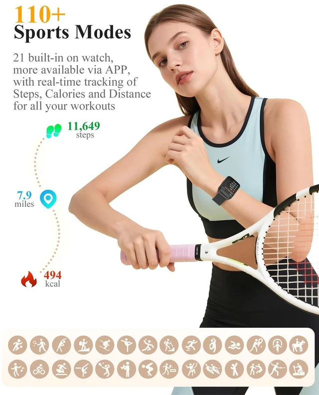 Alt view image 3 of 7 - Fitness Activity Tracker for Women Men with Step Counter, Calorie/Distance/Sleep Monitor, IP68 Waterproof for Android iPhone, Silicone Smart Watch Smartwatch with 110+ Sport Modes (Black)